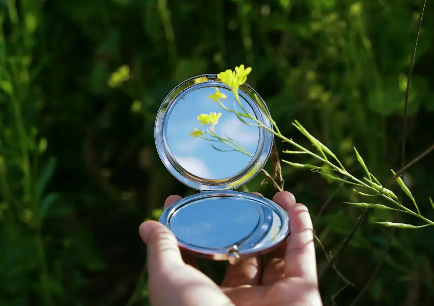Manos sostienen un espejo, reflejando una flor amarilla al aire libre.