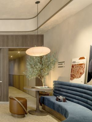 Sala moderna con sof&aacute; azul, l&aacute;mpara, planta y c&aacute;mara sobre mesa redonda.