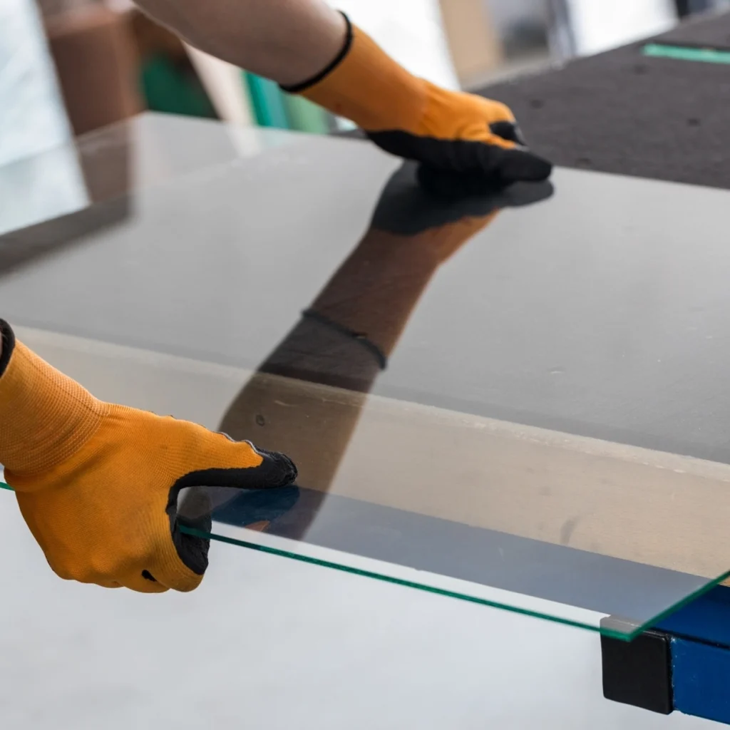 Worker in orange gloves handling a glass sheet with care
