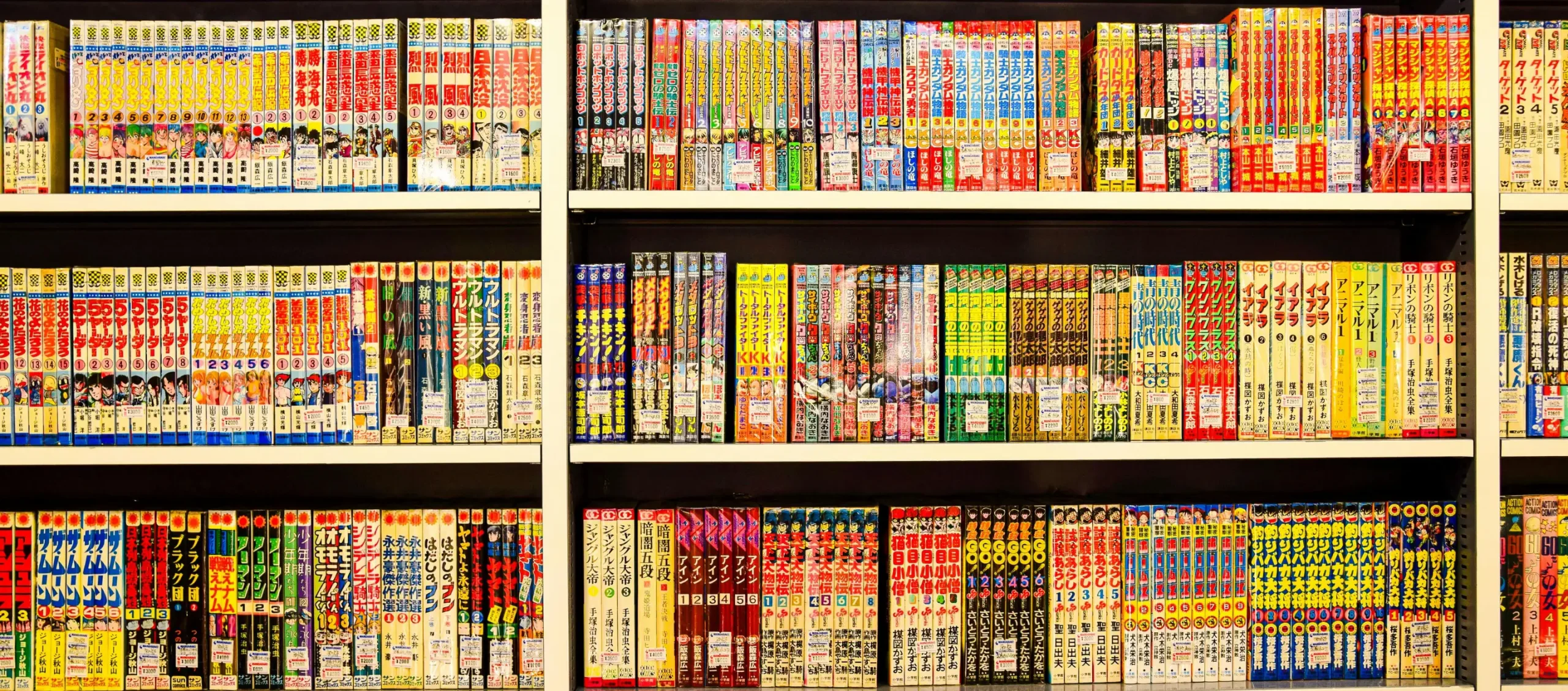 Shelf full of sleeves of different colors and titles.