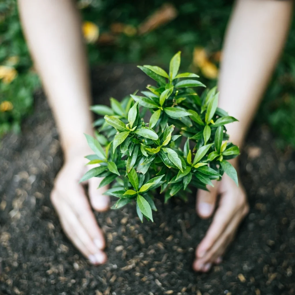 Person holding a plant in the ground.
