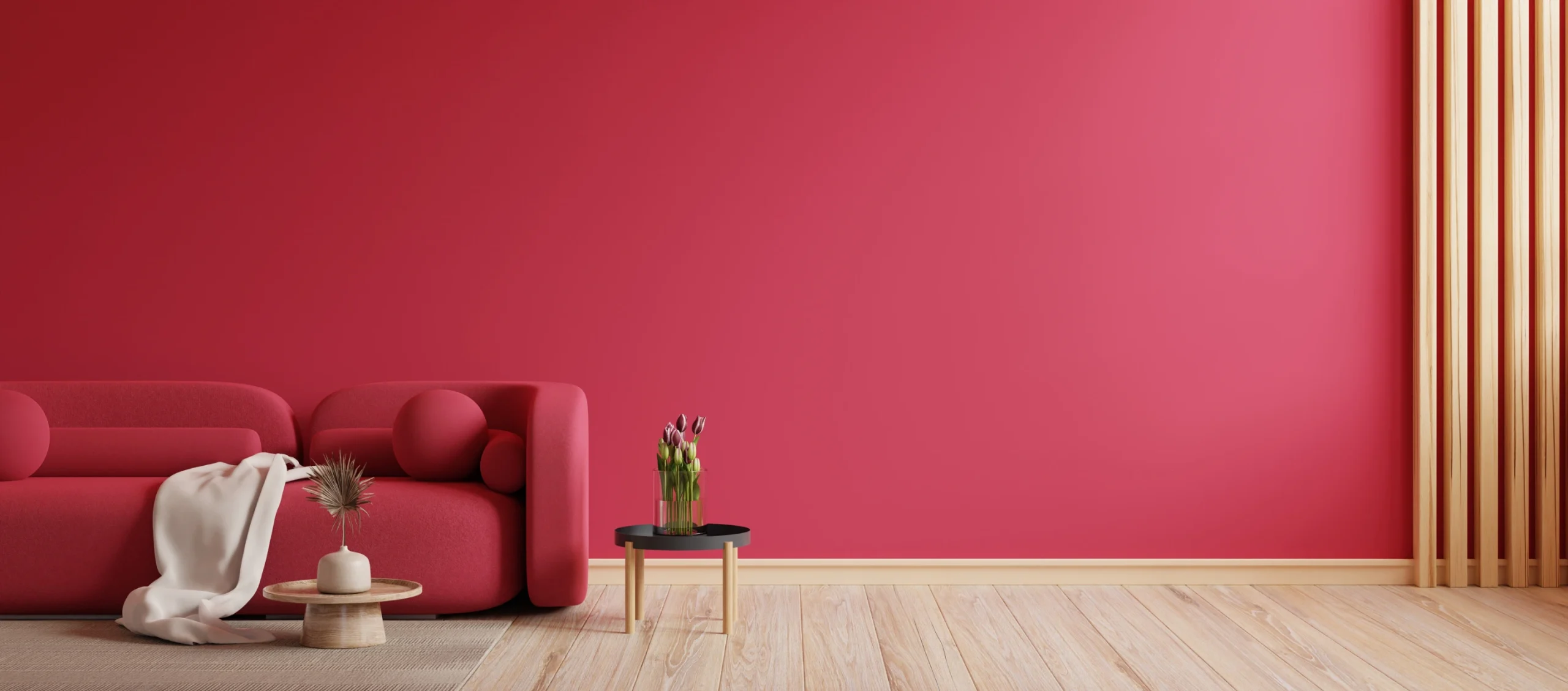 modern living room with red wall and red sofa