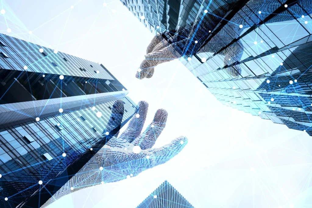 Digital representation of hands interacting in an urban environment.