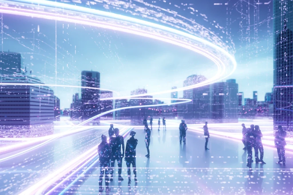 People interacting in a futuristic city with bright lights.