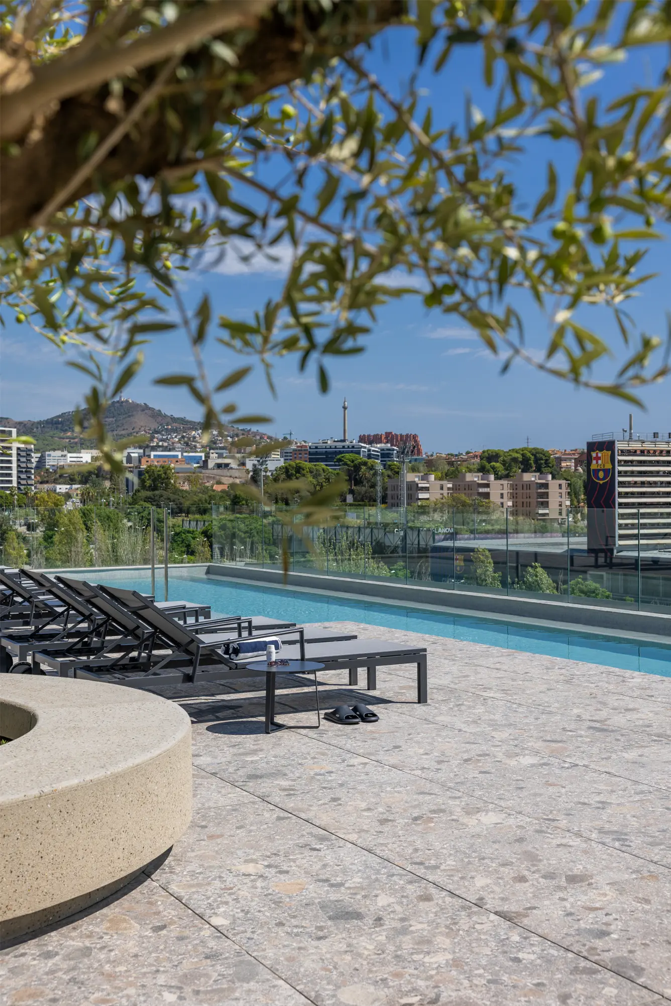 Modern sun loungers by the pool