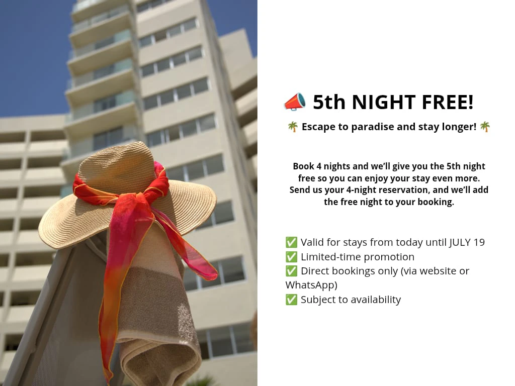 Decorative image with promotional text. Book 4 nights and get the fifth free.