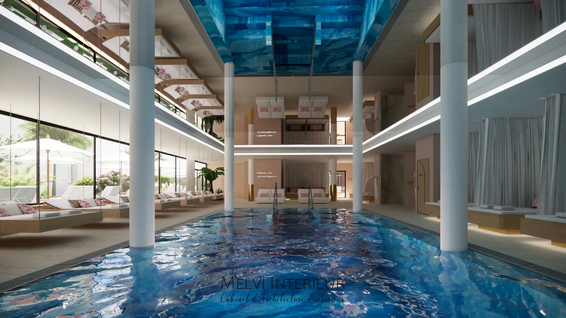 Piscine int&eacute;rieure moderne avec transats et baies vitr&eacute;es.