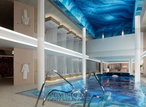 Piscine int&eacute;rieure moderne avec plafond bleu ondul&eacute; et cabines.
