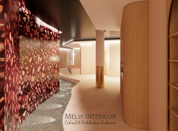 Int&eacute;rieur moderne avec murs textur&eacute;s et &eacute;clairage doux, design &eacute;l&eacute;gant.