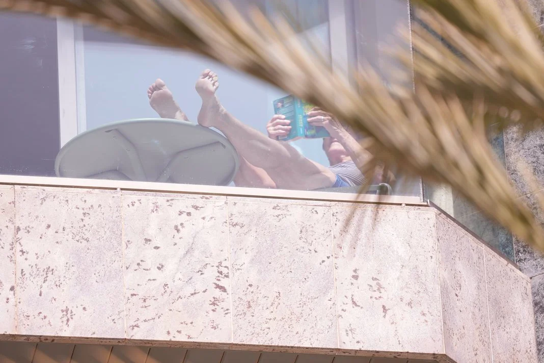 Balc&oacute;n del Hotel Miramar asomado entre hojas de palmera del paseo mar&iacute;timo