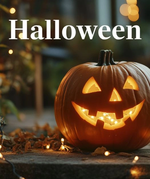 Calabaza iluminada con luces, y texto "Halloween" arriba.