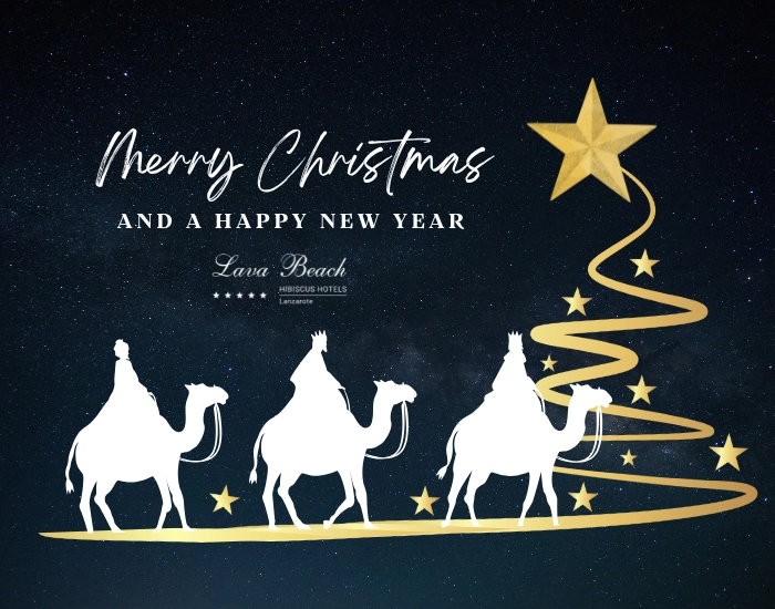 Tres Reyes Magos con camellos y &aacute;rbol navide&ntilde;o estrellado. Feliz Navidad.