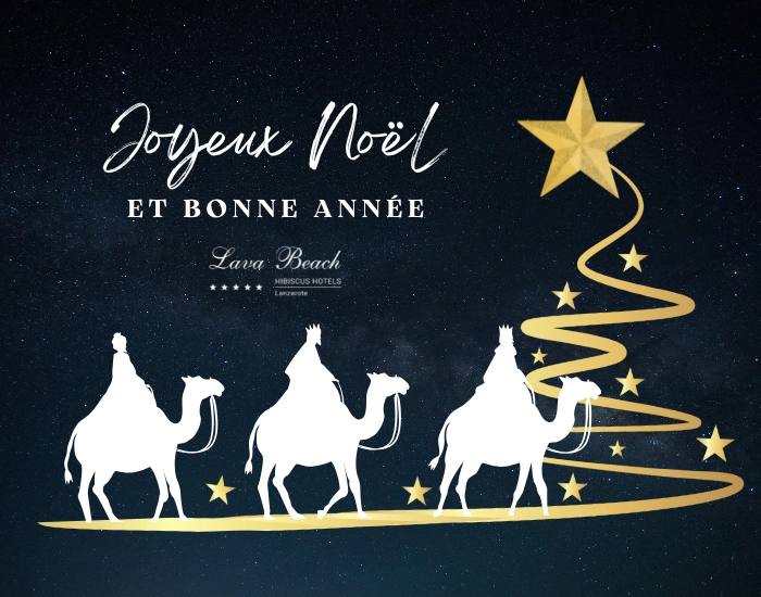 Reyes Magos y estrella dorada con mensaje "Joyeux No&euml;l et Bonne Ann&eacute;e".