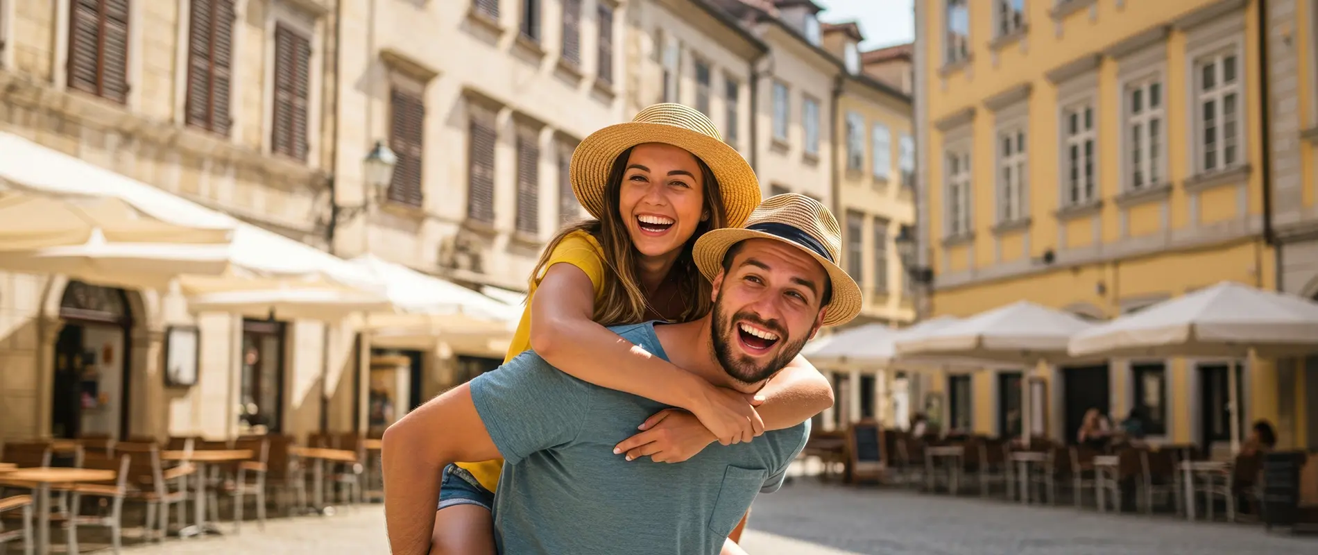 Pareja feliz con sombreros, paseando en ciudad europea con edificios antiguos y cafés al aire libre.