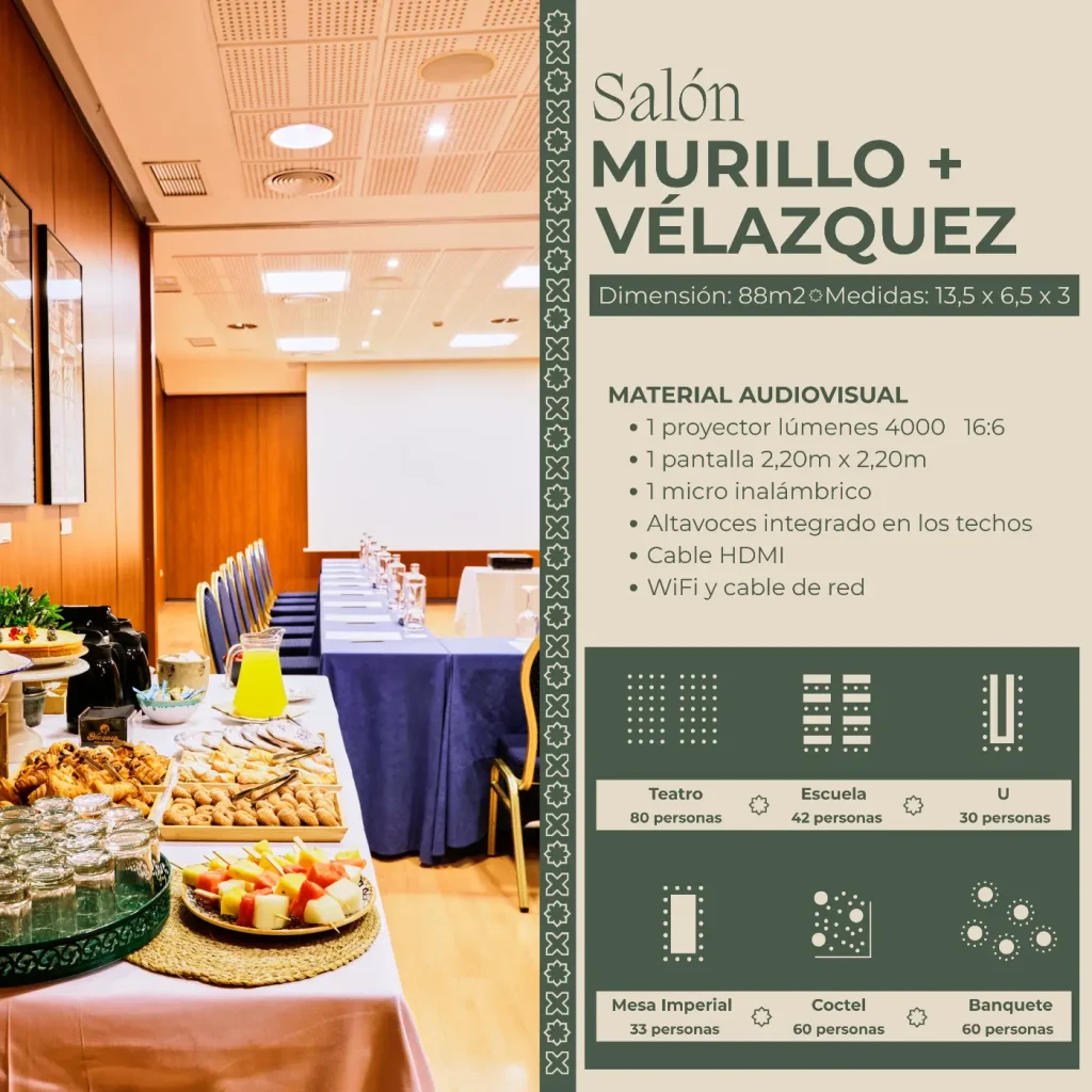 Sal&oacute;n Murillo + V&eacute;lazquez con equipo audiovisual y disposici&oacute;n de asientos.