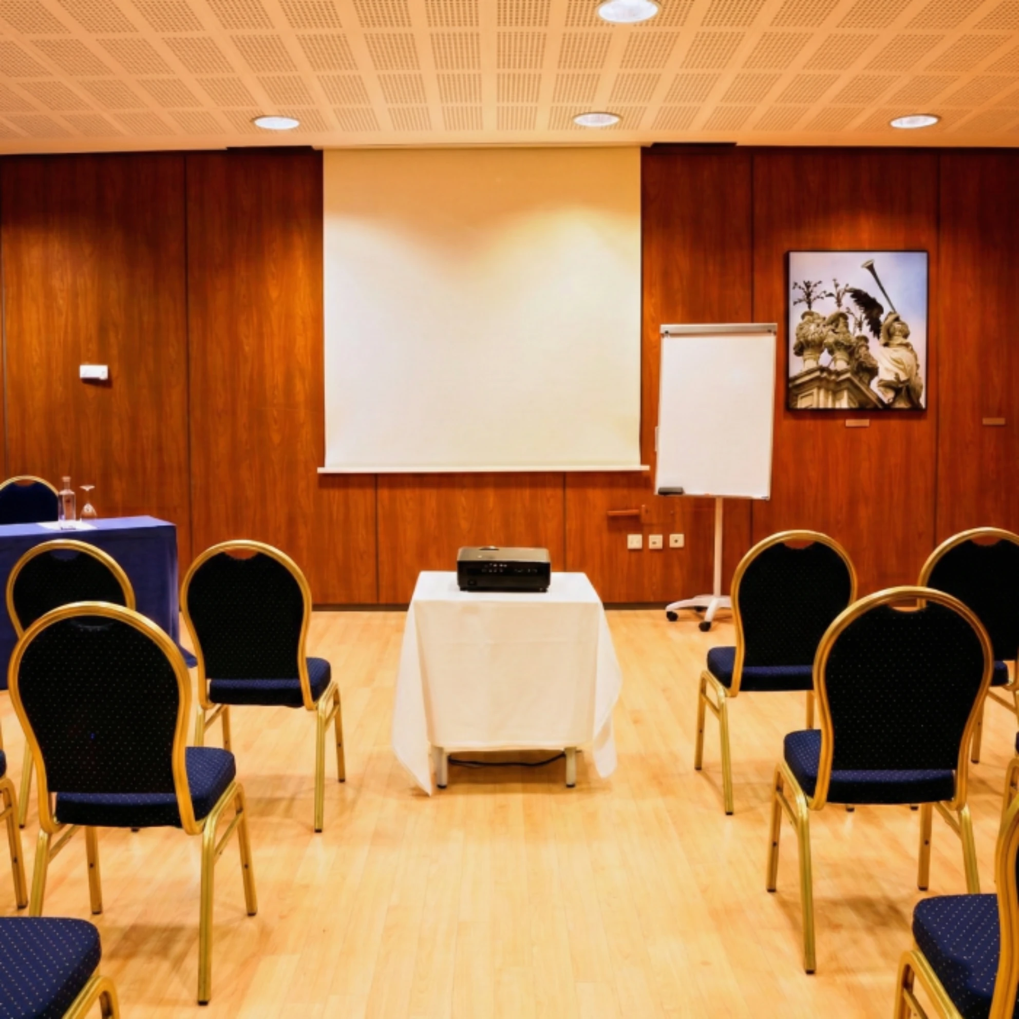 Sala de conferencias con proyector, sillas y pantalla en la pared.