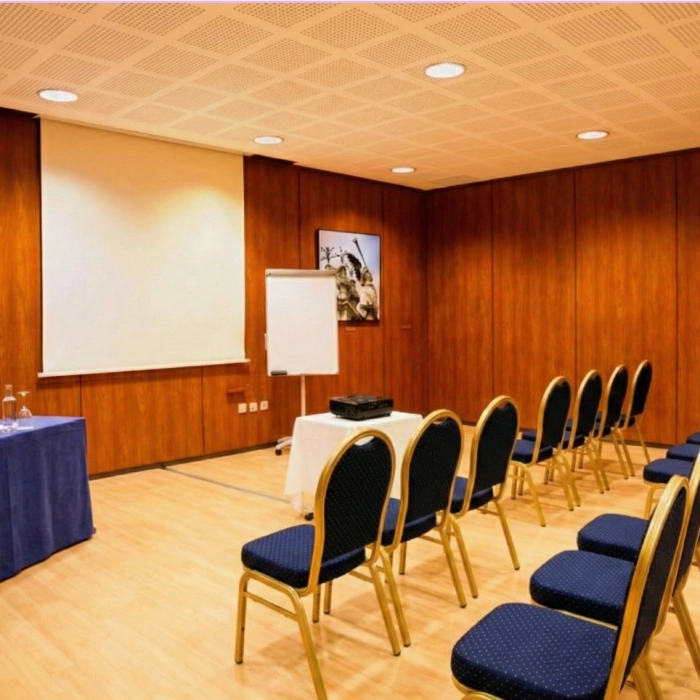 Sala de conferencias vac&iacute;a con sillas, proyector y pantalla.