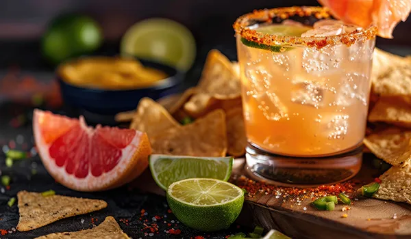 Cocktail with chips, lime, grapefruit, and chili powder rim.