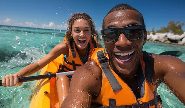 Two people kayaking and smiling in clear, blue water.