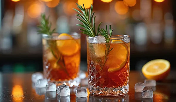 Two cocktails with orange slices and rosemary, surrounded by ice cubes.