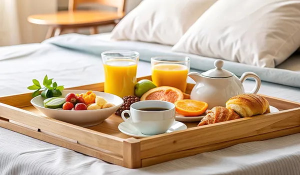 Breakfast tray with fruit, orange juice, tea, and croissants on a bed.