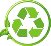 Símbolo de reciclaje verde rodeado de un círculo con hojas a la izquierda.