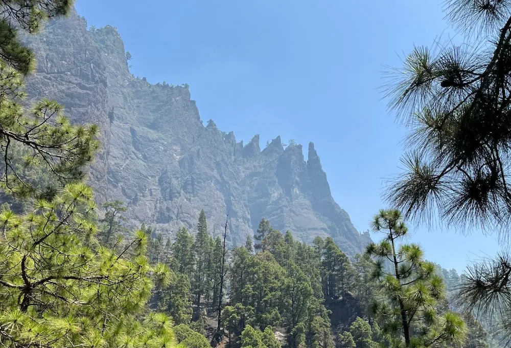 Montañas escarpadas con pinos verdes y cielo azul claro en un día soleado.