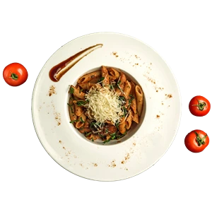 Plate of pasta with grated cheese, sauce swirl, and tomatoes around the plate.