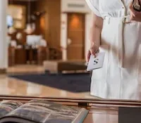 Person in white dress holding paper, standing by a book in a lobby.