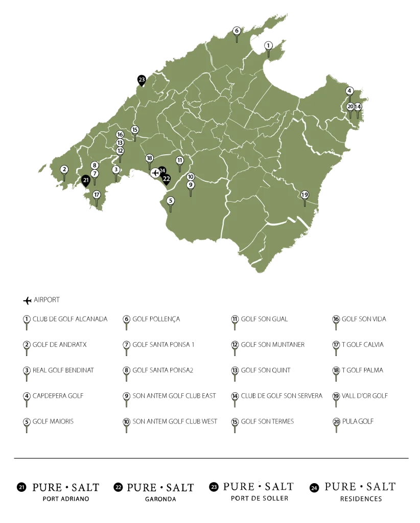 Map of Mallorca showing numbered locations and corresponding names below.
