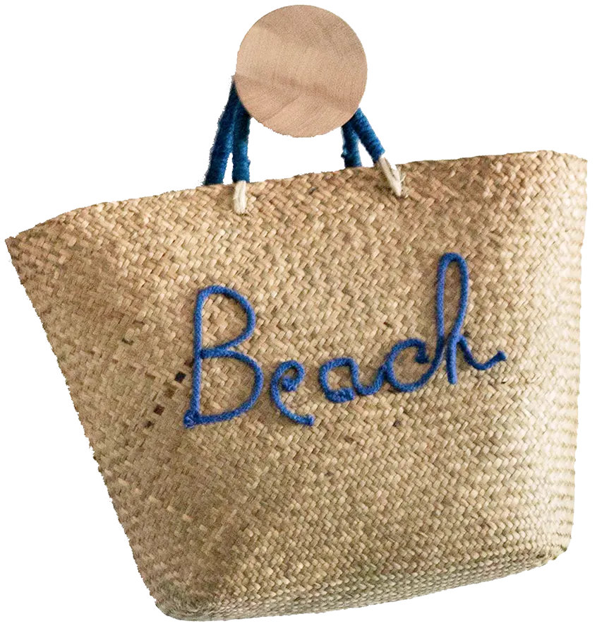 Woven bag with "Beach" in blue letters, wooden handle.