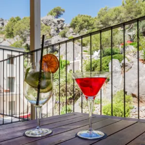 Two cocktails on a table, with a scenic view of trees and rocks in the background.