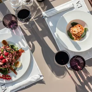 Two plates of gourmet food with glasses of red wine on an outdoor table.