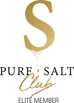 Gold stylized "S" design with ornate script elements below.