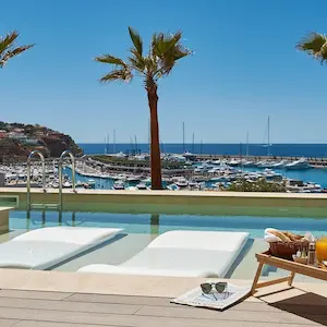 Poolside view with palm trees and a marina in the background.