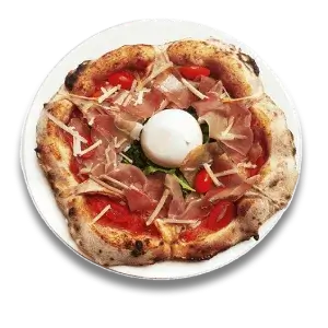 Rustic pizza with prosciutto, arugula, cherry tomatoes, cheese, and burrata on top.