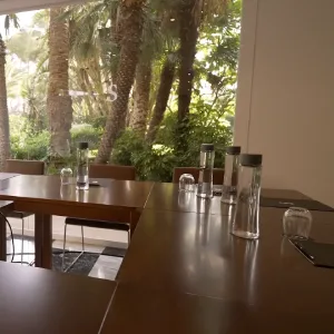 Empty restaurant with wooden tables, glasses, and palm trees outside the window.