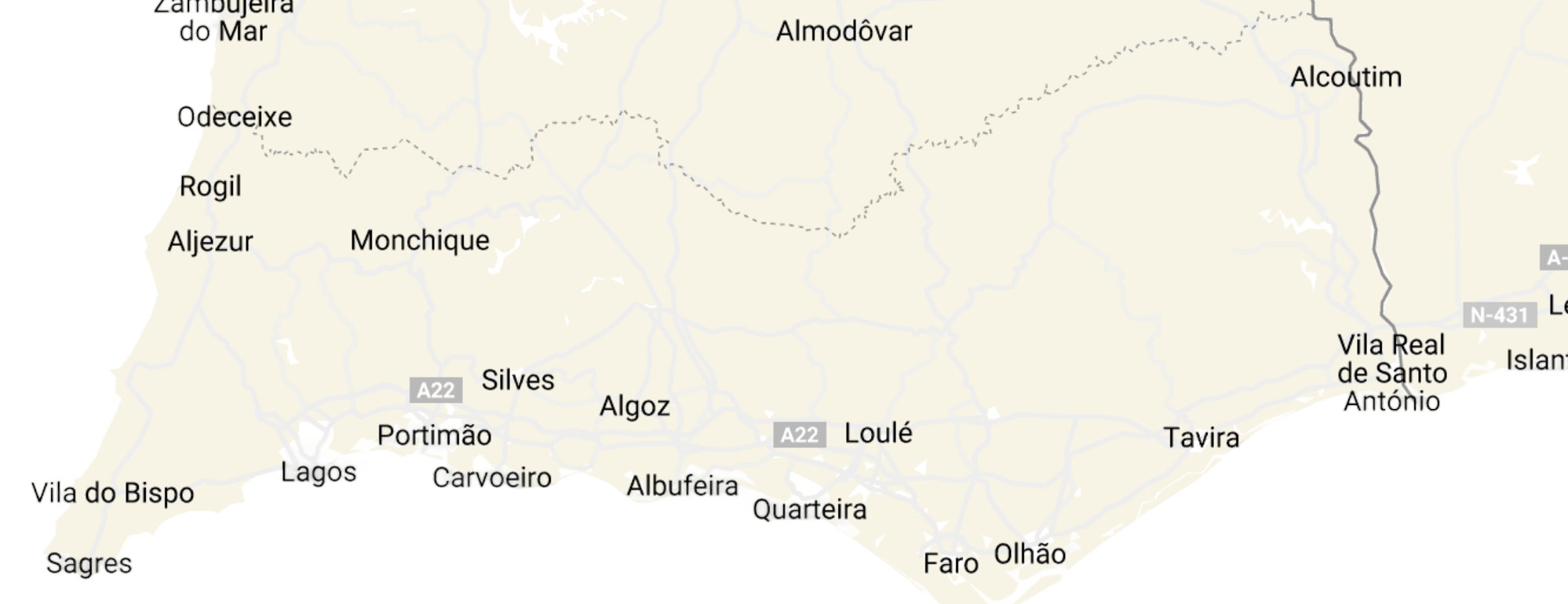 Map showing southwest Portugal, including towns like Faro, Albufeira, and Lagos.