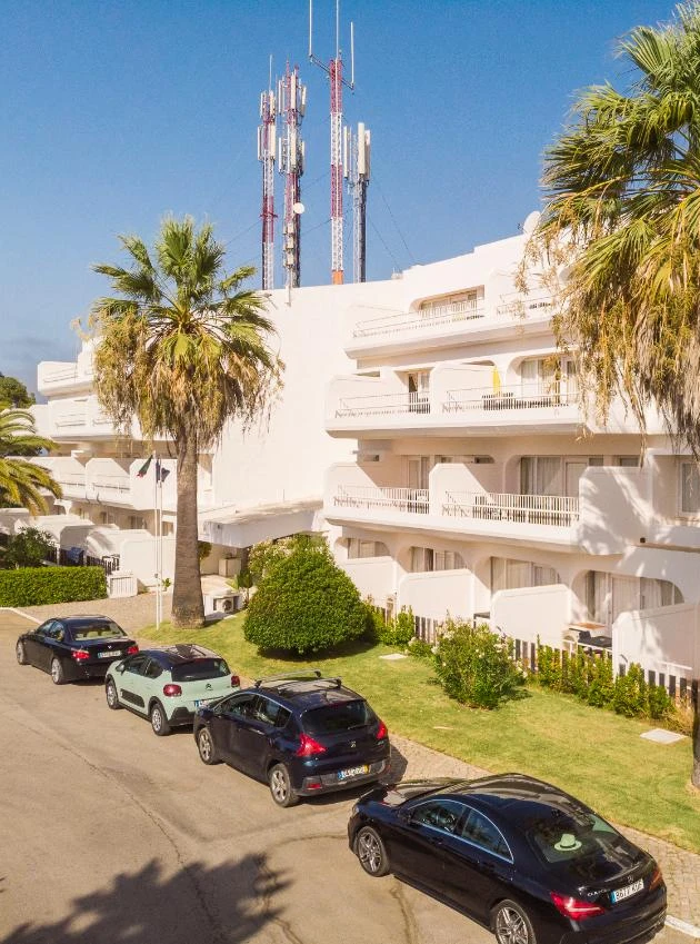 White buildings and palm trees under clear sky, with parked cars on the street in front.