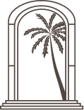 Illustration of a palm tree viewed through an arched window.