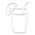 Simple line drawing of a drink with a straw and a lemon slice on the rim of the glass.