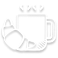 A steaming mug of coffee next to a croissant, both illustrated in white on a black background.