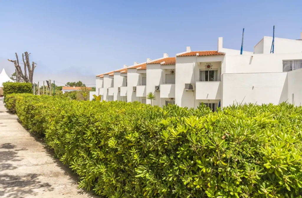 White building with orange roofs behind green hedges on a sunny day.