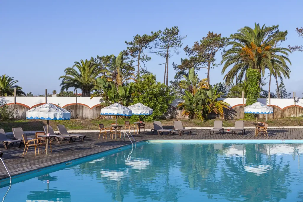 Sunny poolside scene with loungers, umbrellas, and palm trees in the background on a clear day.
