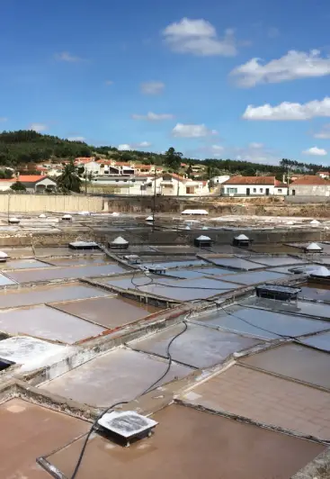 Tanques de evaporação de sal sob céu azul, com casas e vegetação ao fundo.