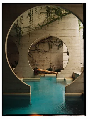 View through arched opening into a bright indoor pool with waterfall mist