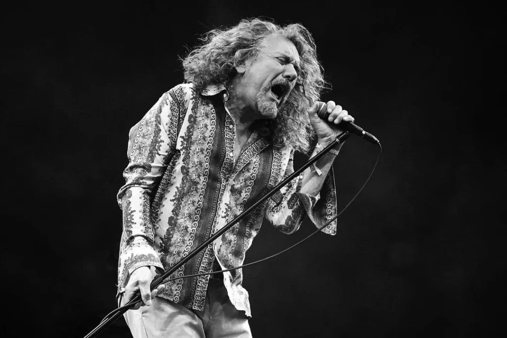 Curly-haired musician singing into a microphone onstage, black-and-white photo