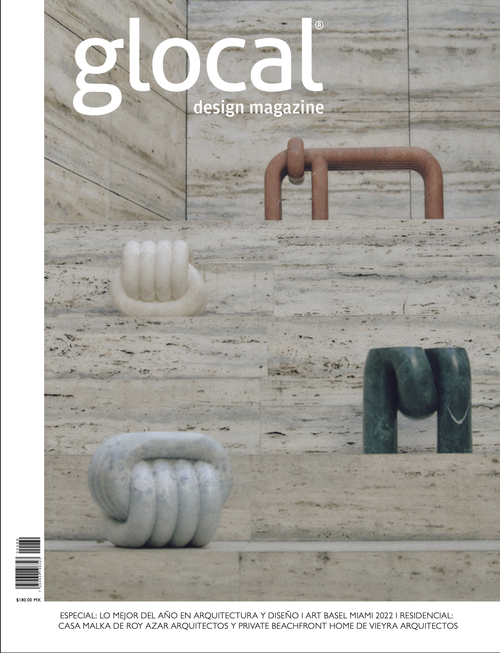 Portada de revista &ldquo;global design magazine&rdquo; con lavabos y grifer&iacute;a de m&aacute;rmol.