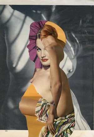Collage portrait of a woman in profile wearing colorful fabric and hat