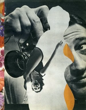 Black-and-white collage with hands, eye, and orange shapes over dark background